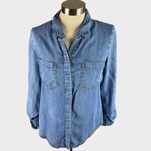 Violet Heart Womens Button Front Blue Chambray Hidden Button Shirt Small